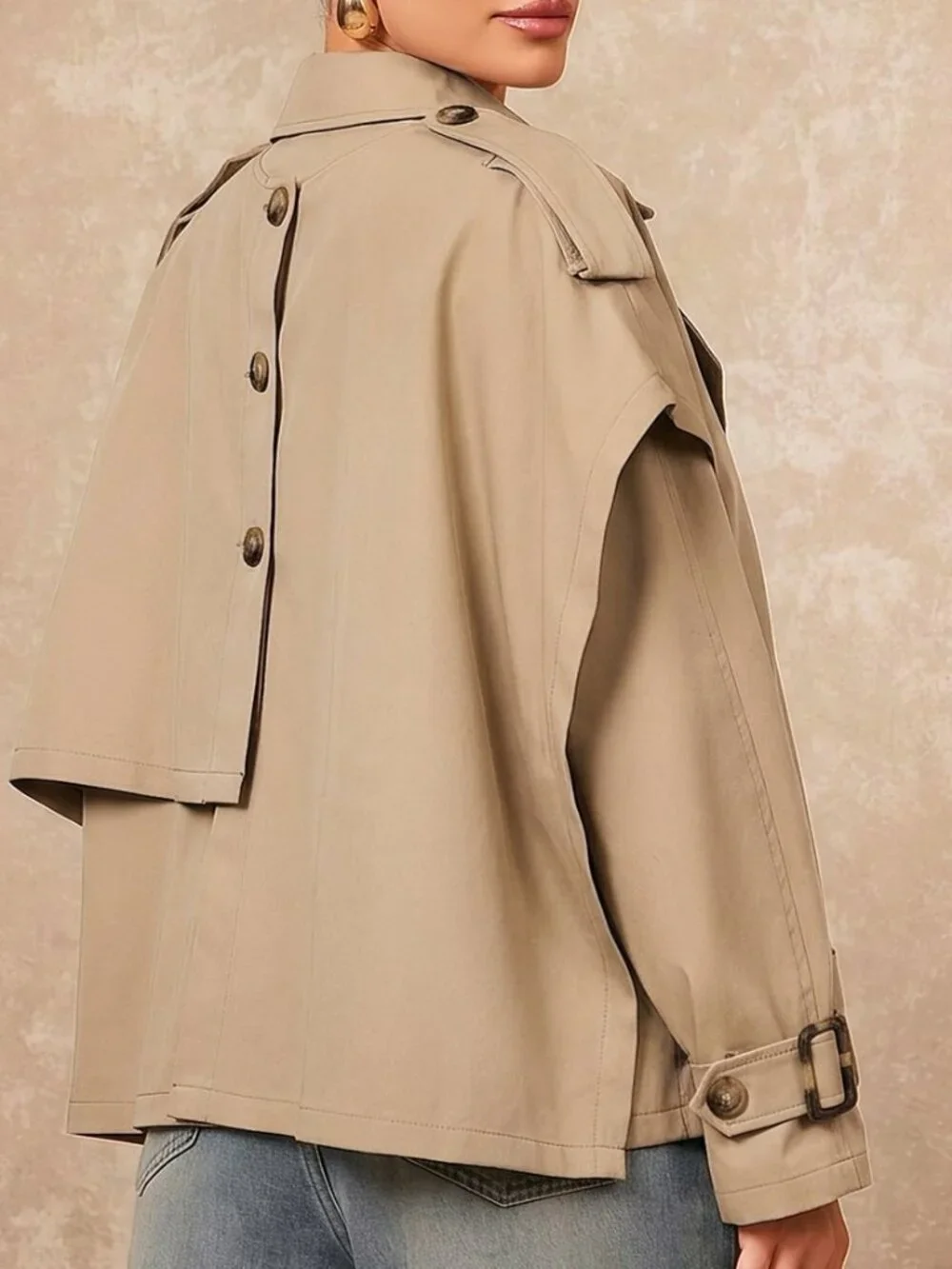 Khaki Elegant Women's Asymmetrical Batwing Long Trench Coat